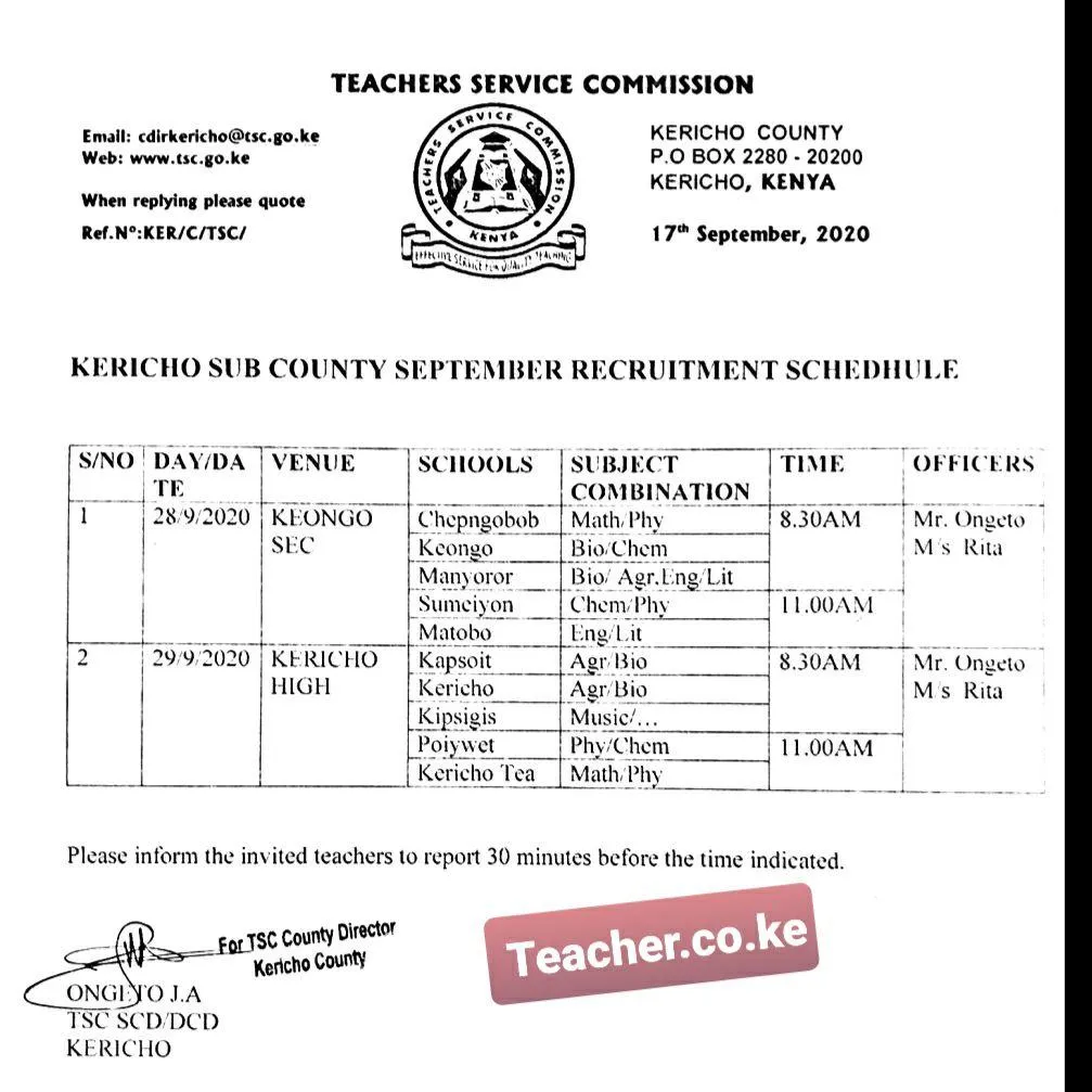 Kericho Sub County Revised TSC interview dates and venues. 