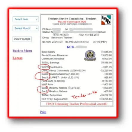 TSC Online Payslip Copy (TPAY) with Abbreviations.