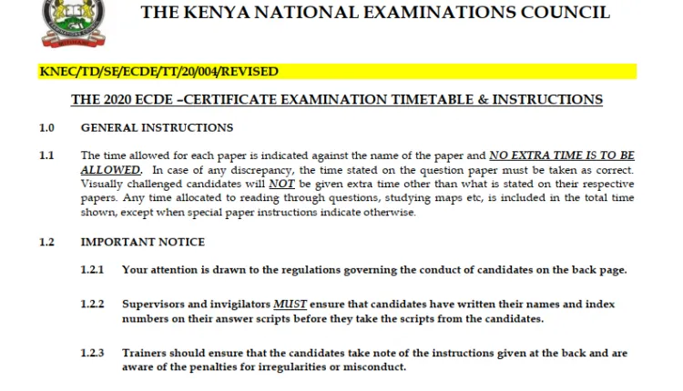 KNEC ECDE EXAM TIMETABLE