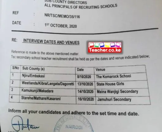 Nairobi County Revised TSC interview dates and venues