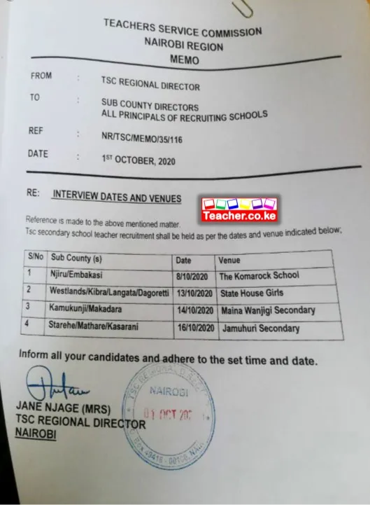 Nairobi County Revised TSC interview dates and venues