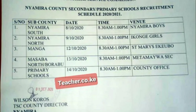 Nyamira County Revised TSC interview dates and venues