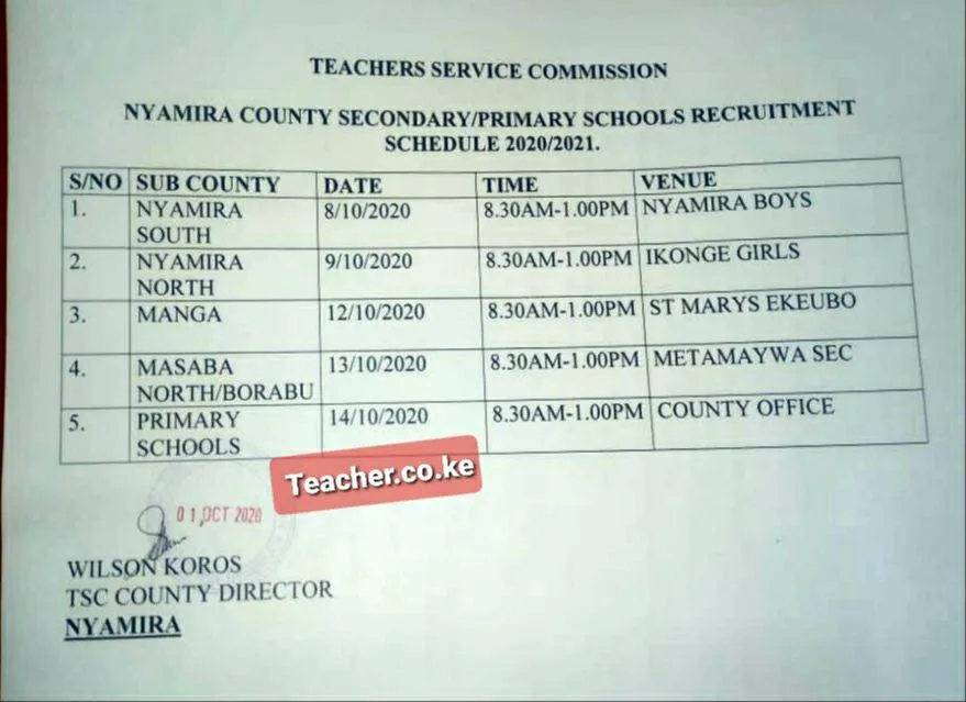 Nyamira County Revised TSC interview dates and venues