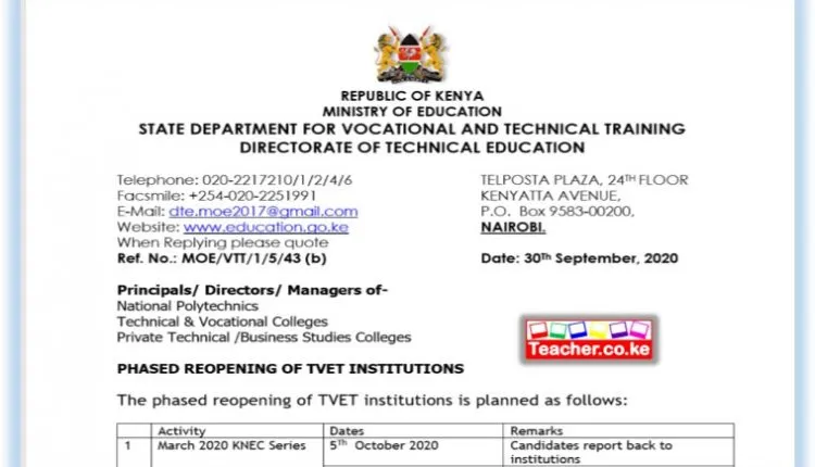 2020-2021 TVET Reopening Calendar, Term Dates, and KNEC Examinations Dates.