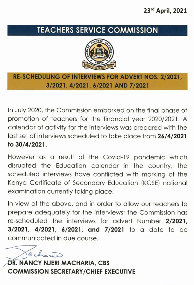 TSC Re-schedules Interviews for adverts 2/2021, 3/2021, 4/2021, 6/2021, and 7/2021