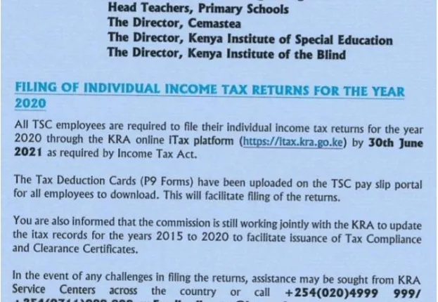 TSC Circular on filing of KRA tax returns