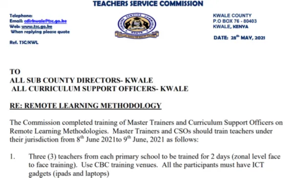 TSC Circular On Remote Learning Methodology