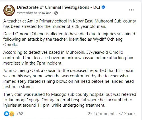 DCI Facebok Post On The Arrest Of A Teacher 1