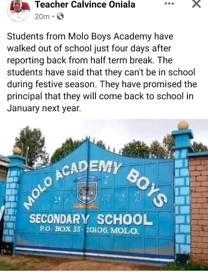 A Facebook Post On Molo Boys Academy Fire