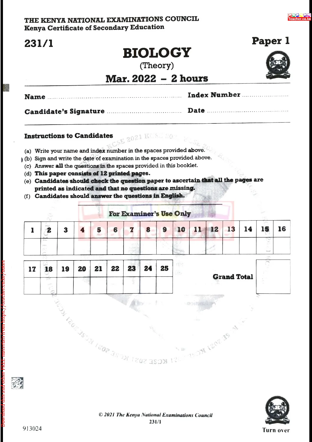 Thum KCSE 2021 Biology Paper 1