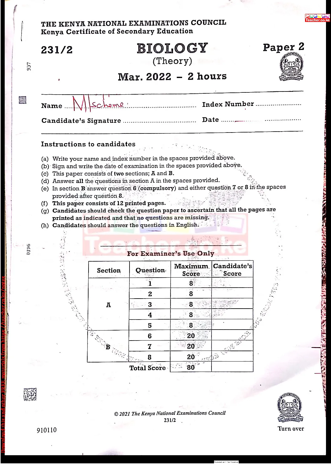 Thum KCSE 2021 Biology Paper 2 Marking Scheme Teacher Ke