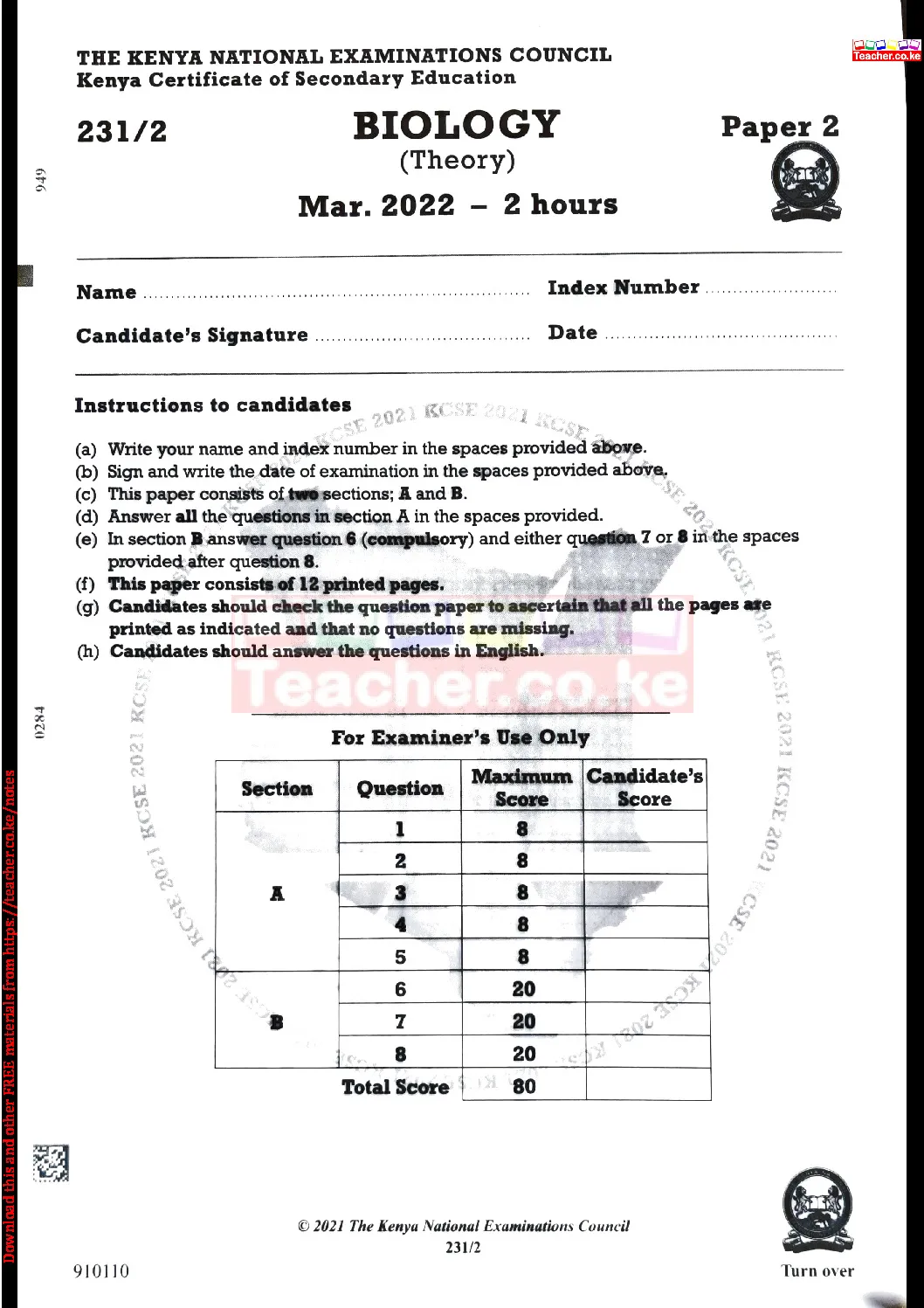 Thum KCSE 2021 Biology Paper 2
