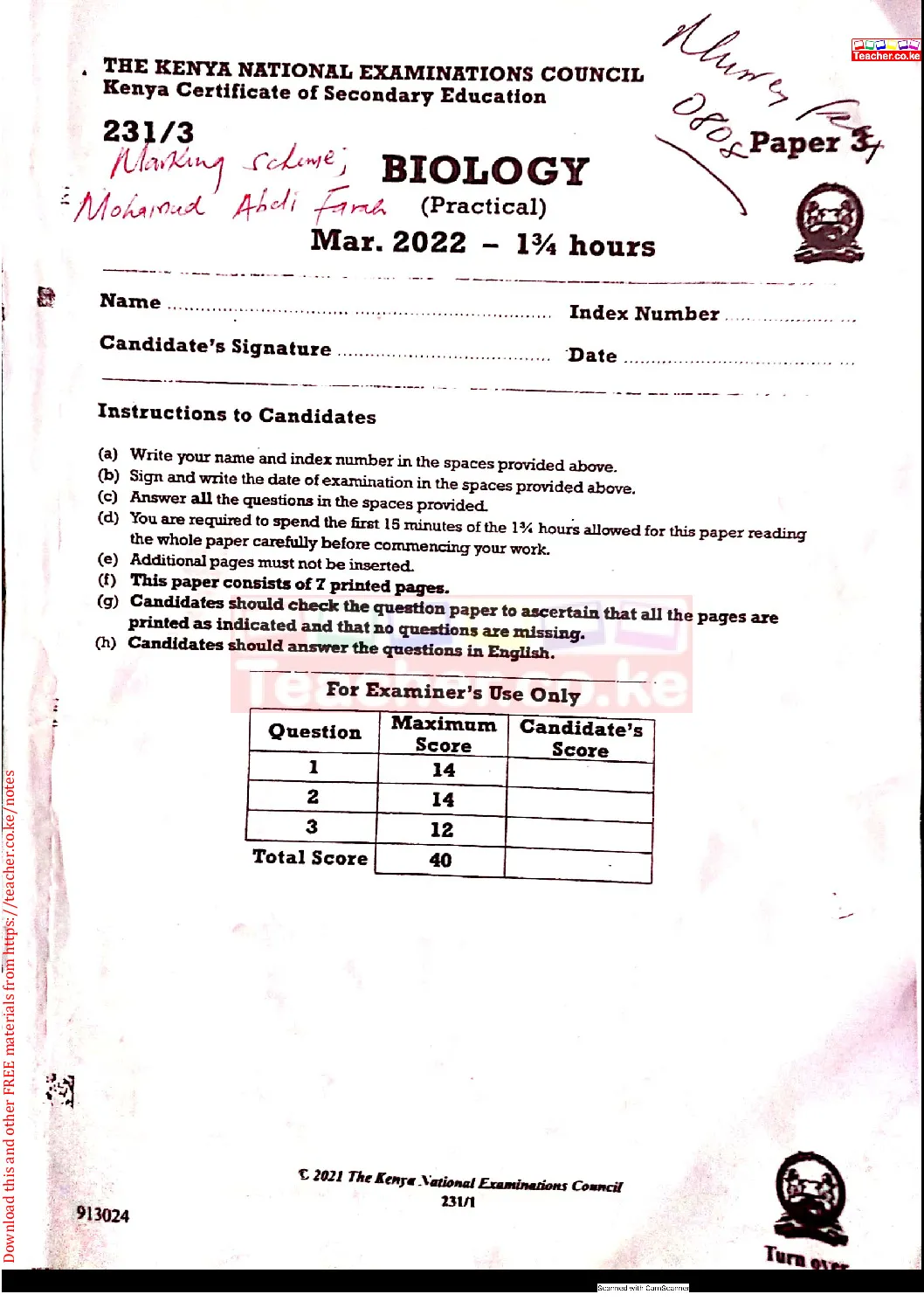 Thum KCSE 2021 Biology Paper 3 Marking Scheme Teacher Ke