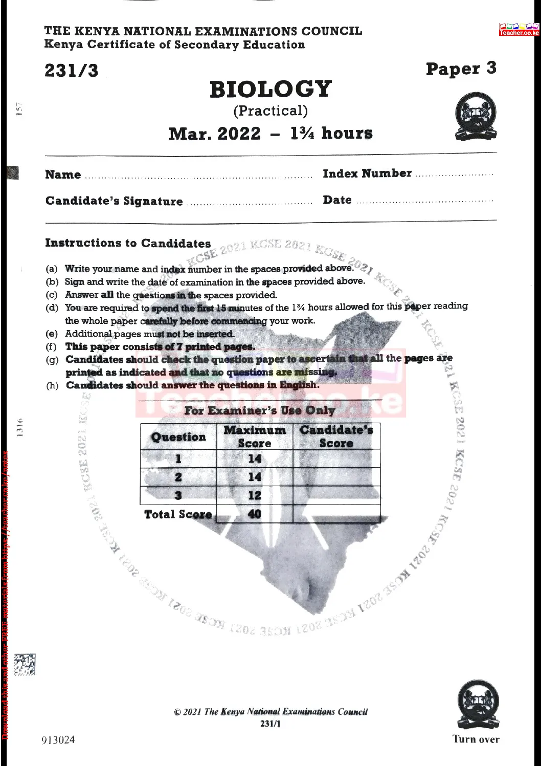 Thum KCSE 2021 Biology Paper 3