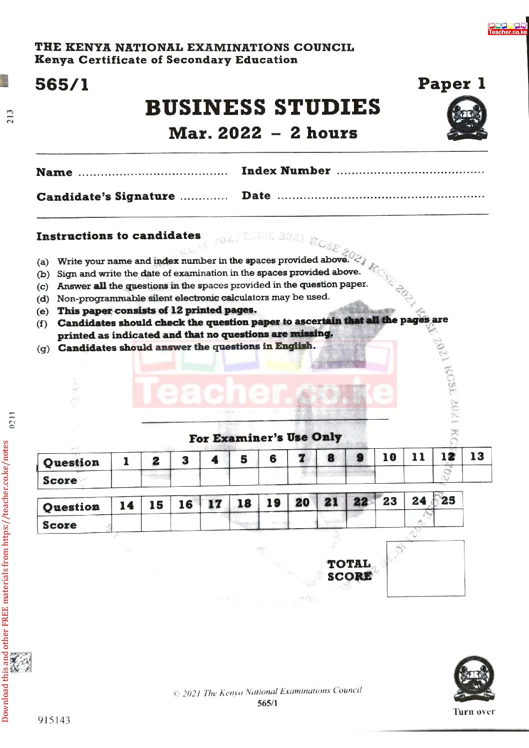 Thum KCSE 2021 Business Studies Paper 1