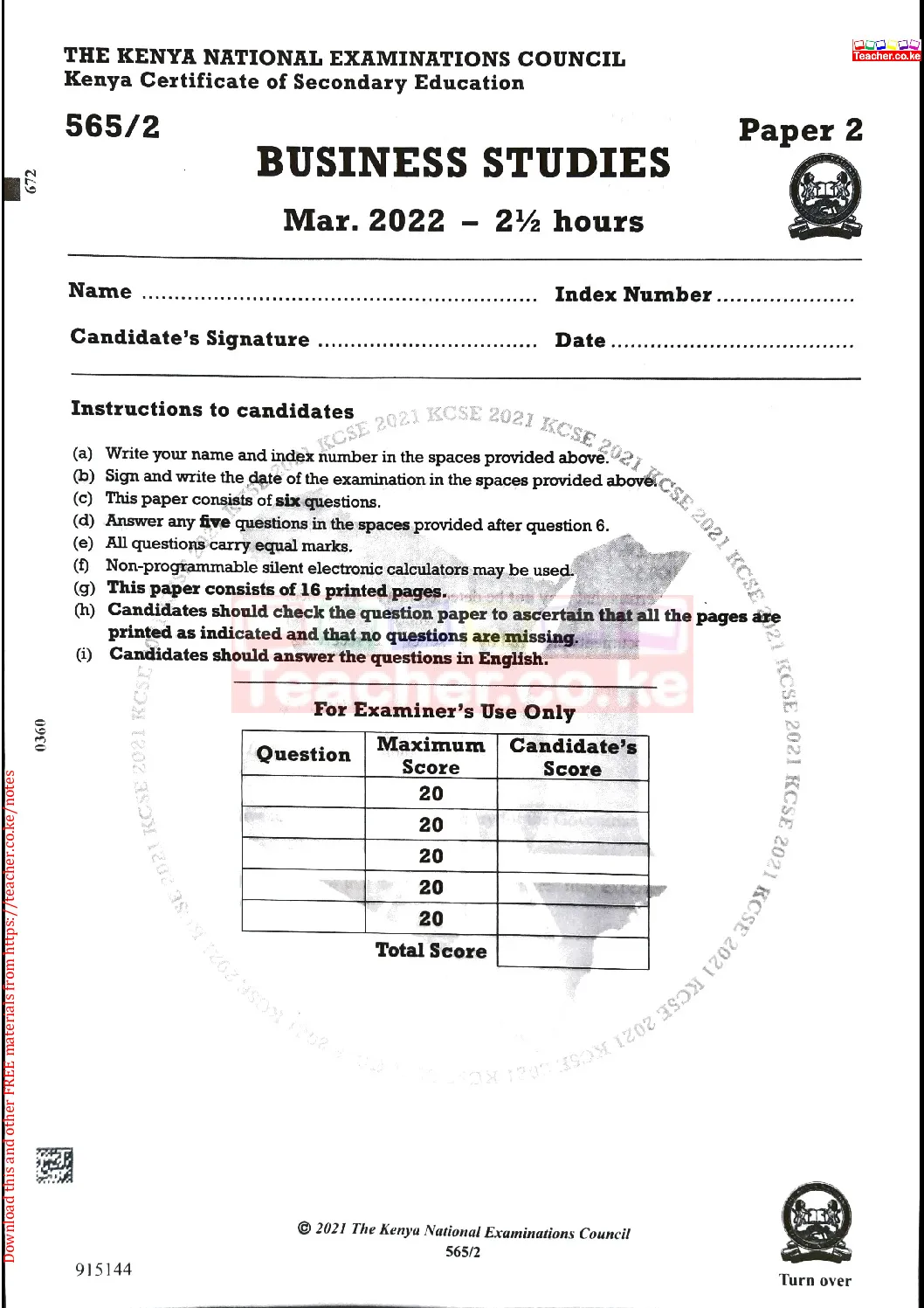 Thum KCSE 2021 Business Studies Paper 2