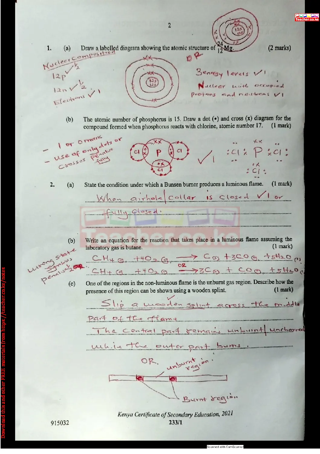 Thum KCSE 2021 Chemistry Paper 1 Marking Scheme Teacher Ke