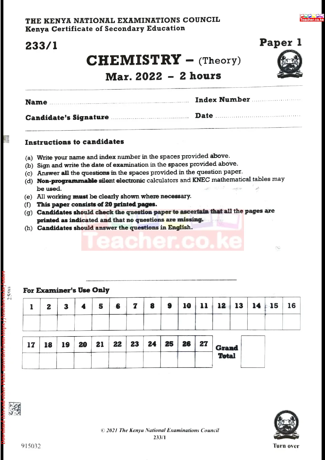 Thum KCSE 2021 Chemistry Paper 1