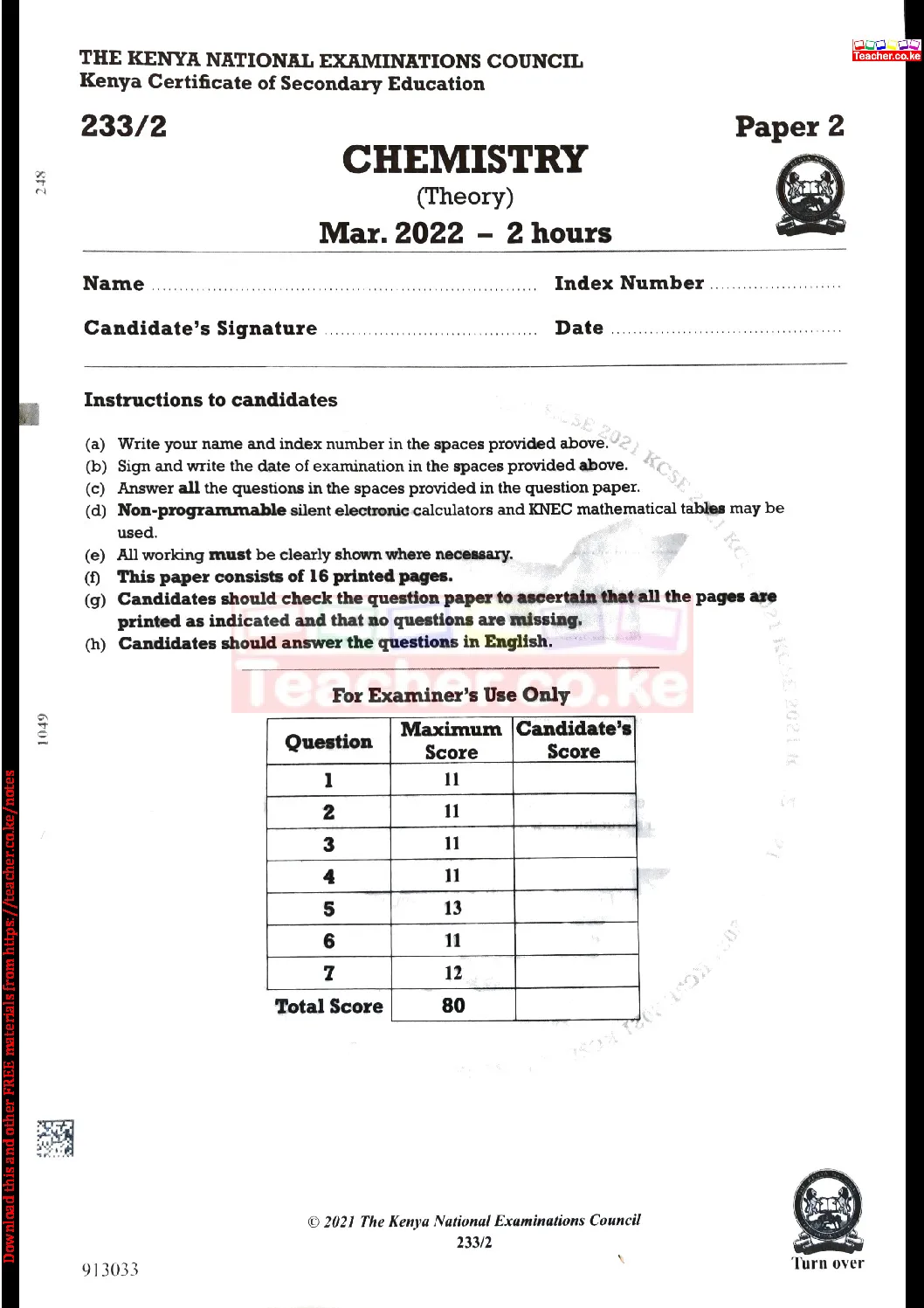 Thum KCSE 2021 Chemistry Paper 2
