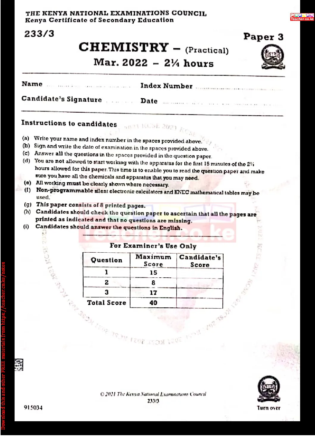 Thum KCSE 2021 Chemistry Paper 3 Marking Scheme Teacher Ke