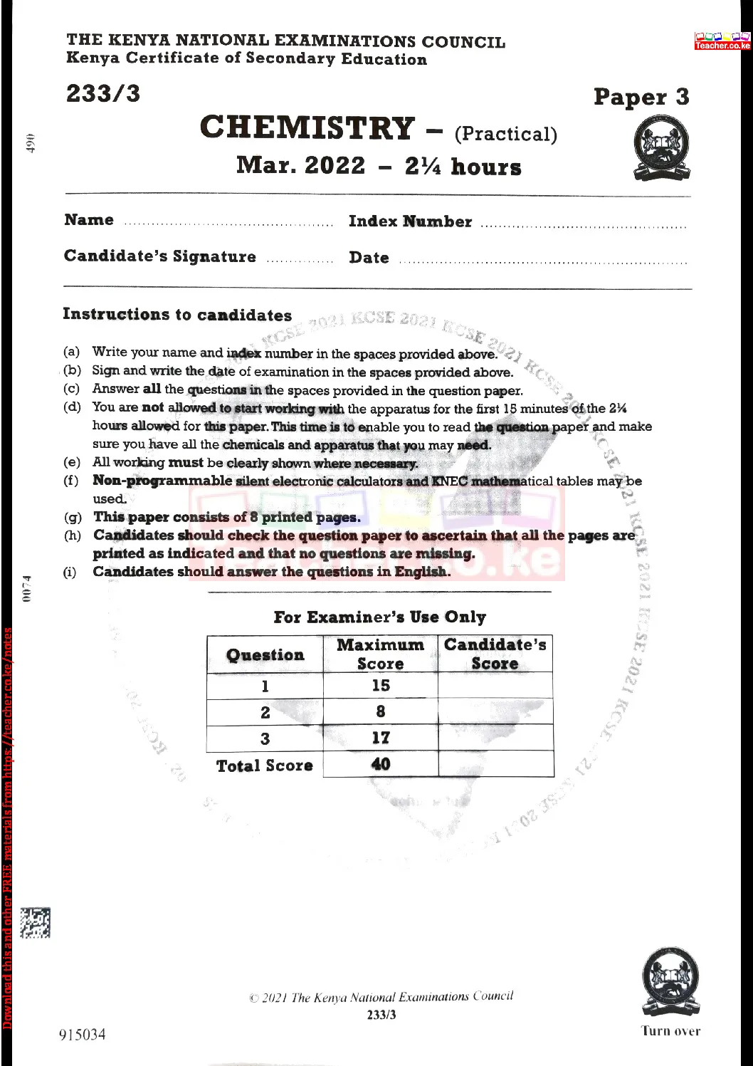 Thum KCSE 2021 Chemistry Paper 3