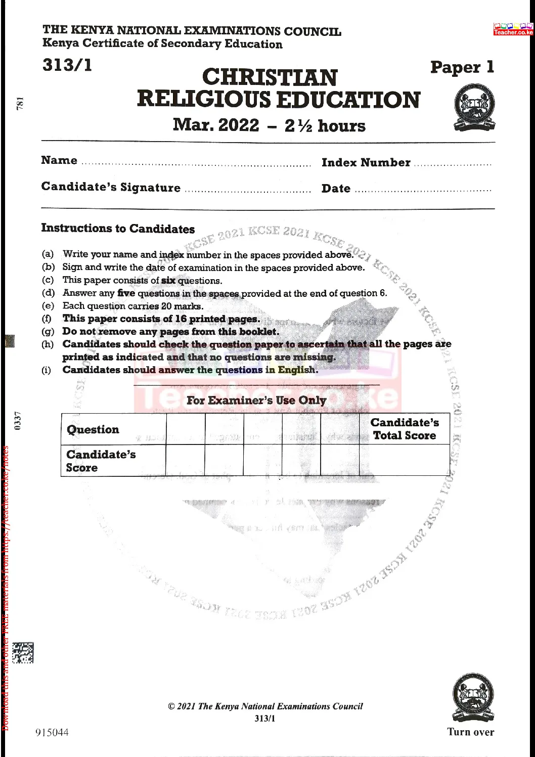 Thum KCSE 2021 Christian Religious Education Paper 1