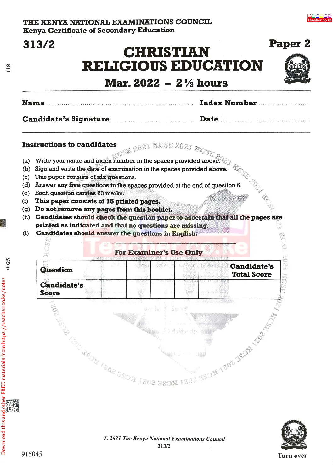 Thum KCSE 2021 Christian Religious Education Paper 2