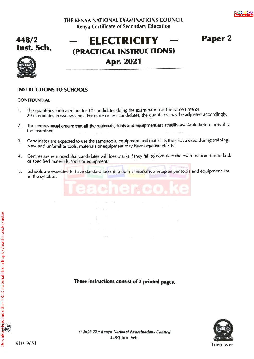 Thum KCSE 2021 Electricity Paper 2 Confidential