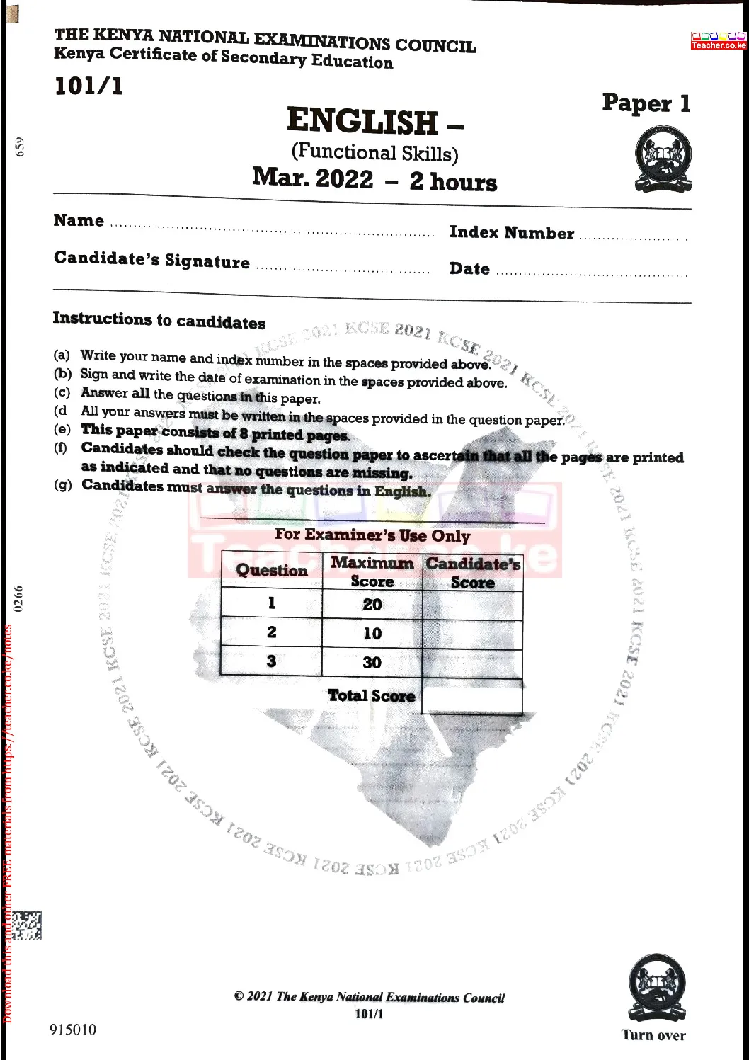 Thum KCSE 2021 English Paper 1