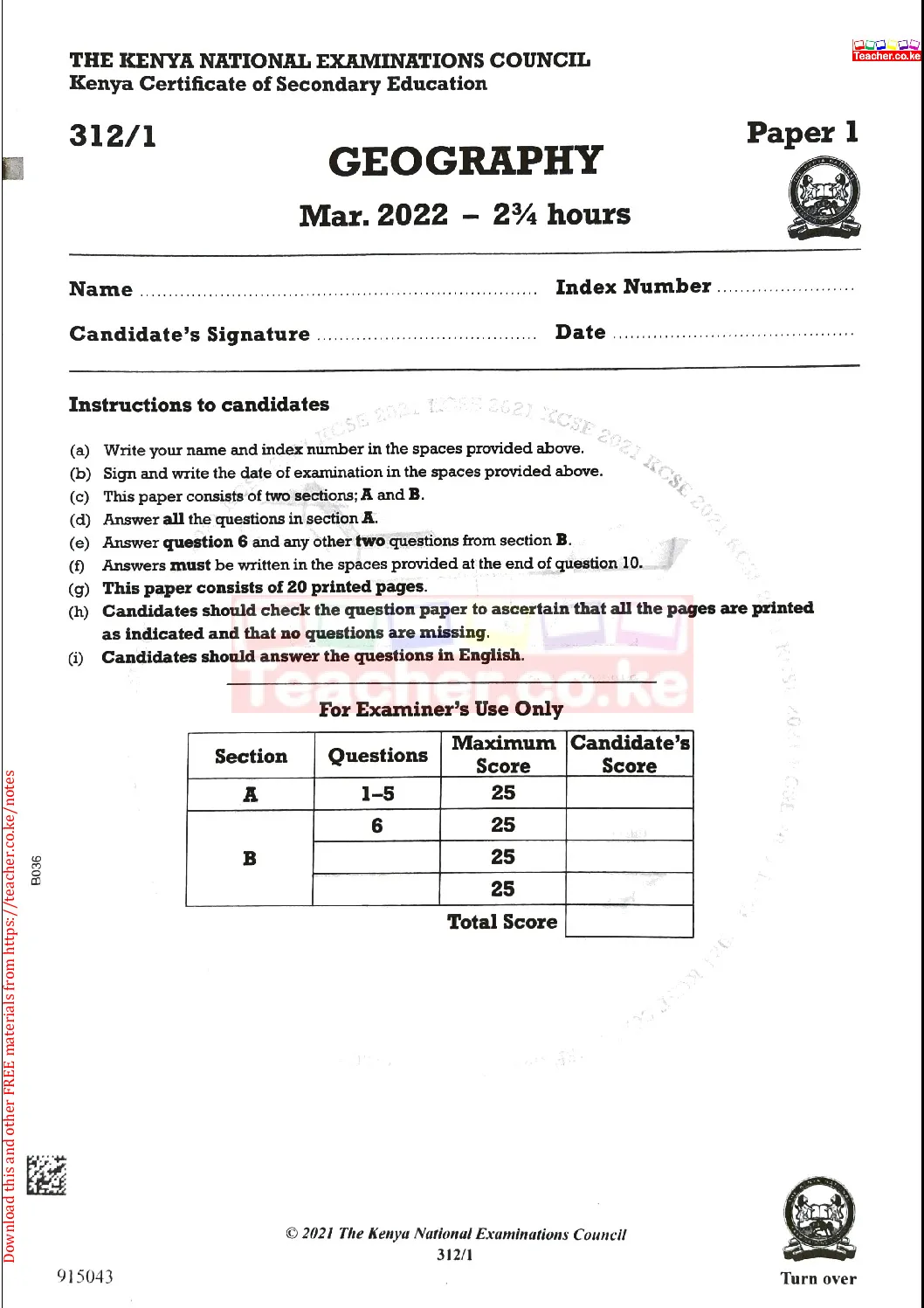 Thum KCSE 2021 Geography Paper 1