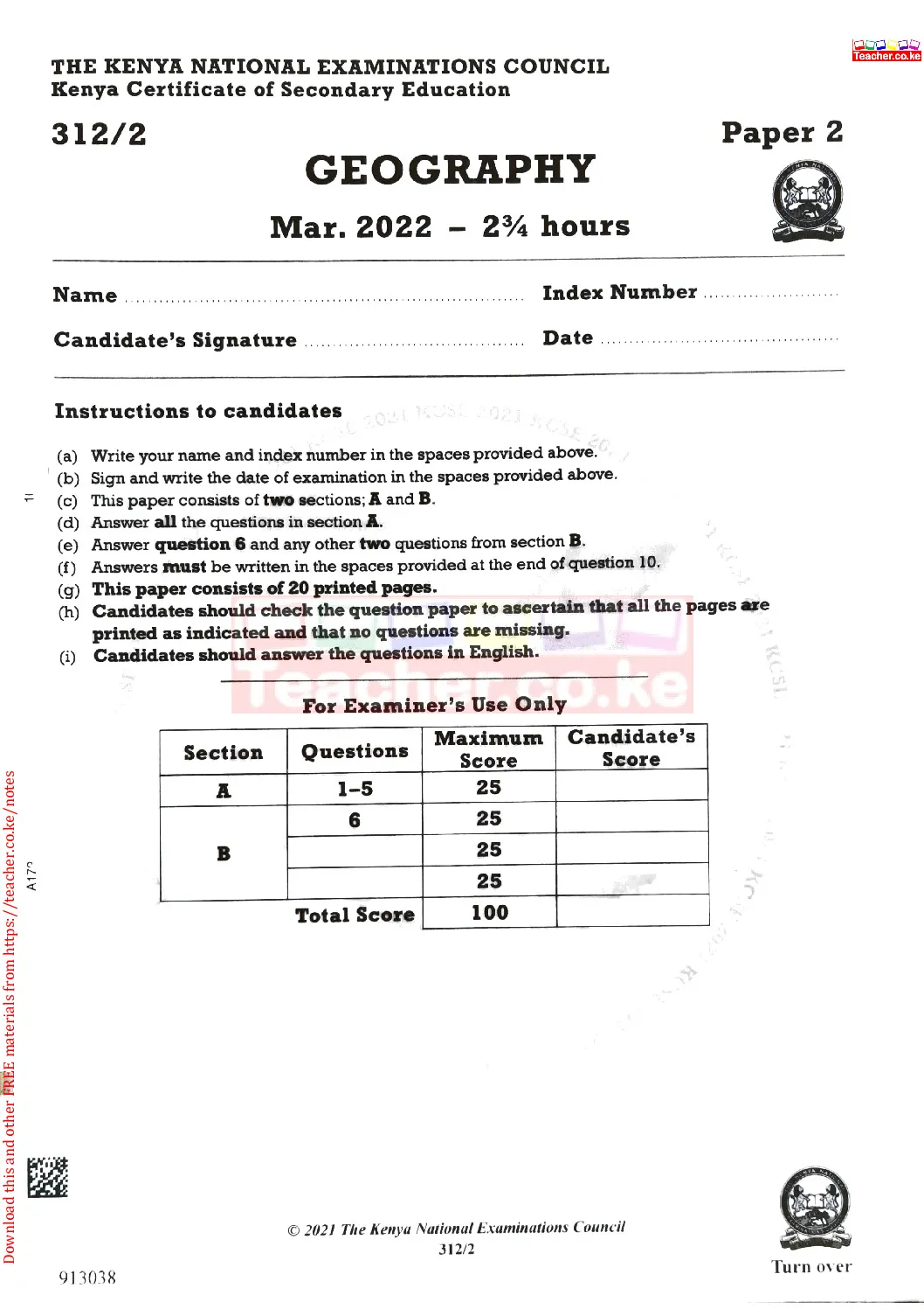 Thum KCSE 2021 Geography Paper 2