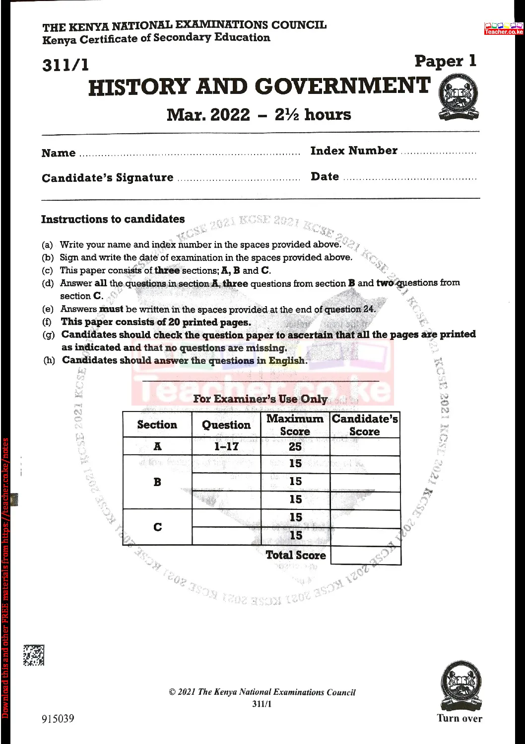 Thum KCSE 2021 History Paper 1