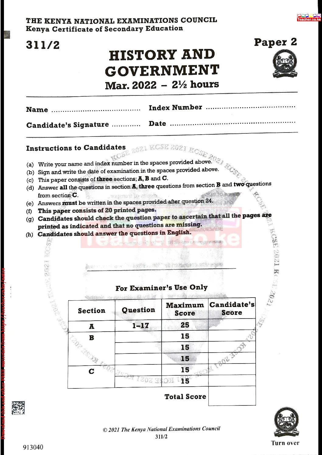 Thum KCSE 2021 History Paper 2