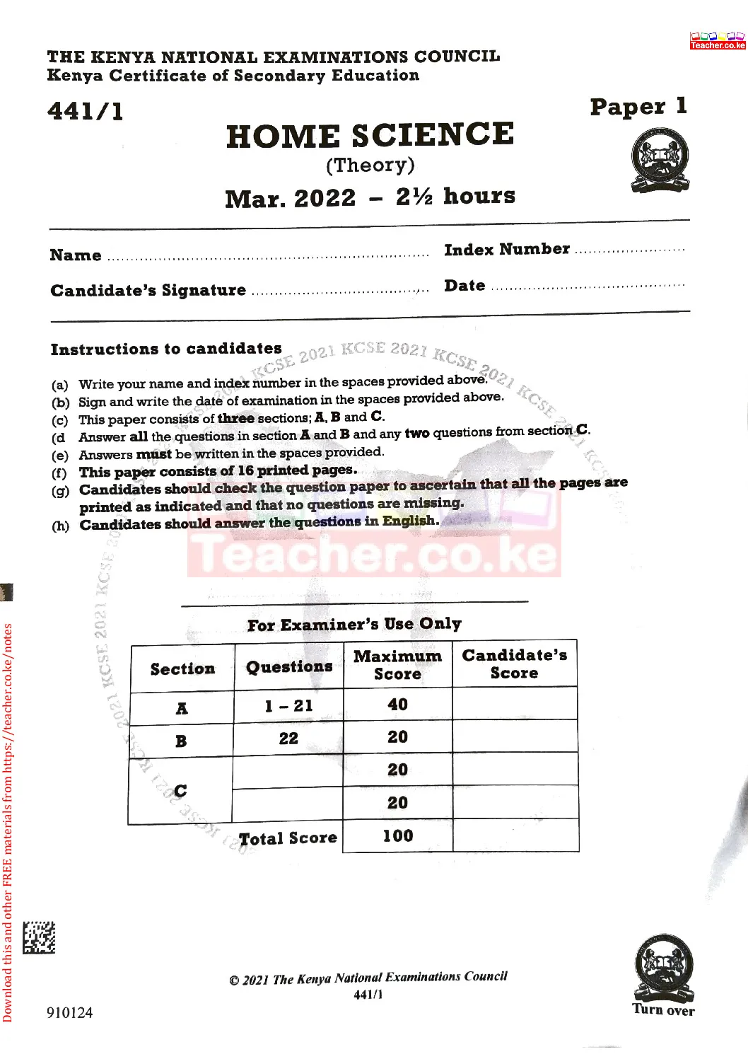 Thum KCSE 2021 Home Science Paper 1