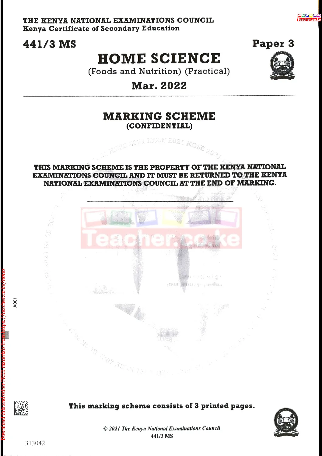 Thum KCSE 2021 Home Science Paper 3 Marking Scheme