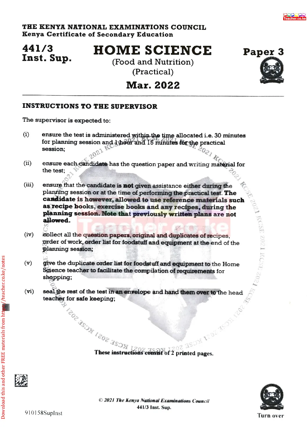Thum KCSE 2021 Home Science Paper 3 Supervisor Instructions