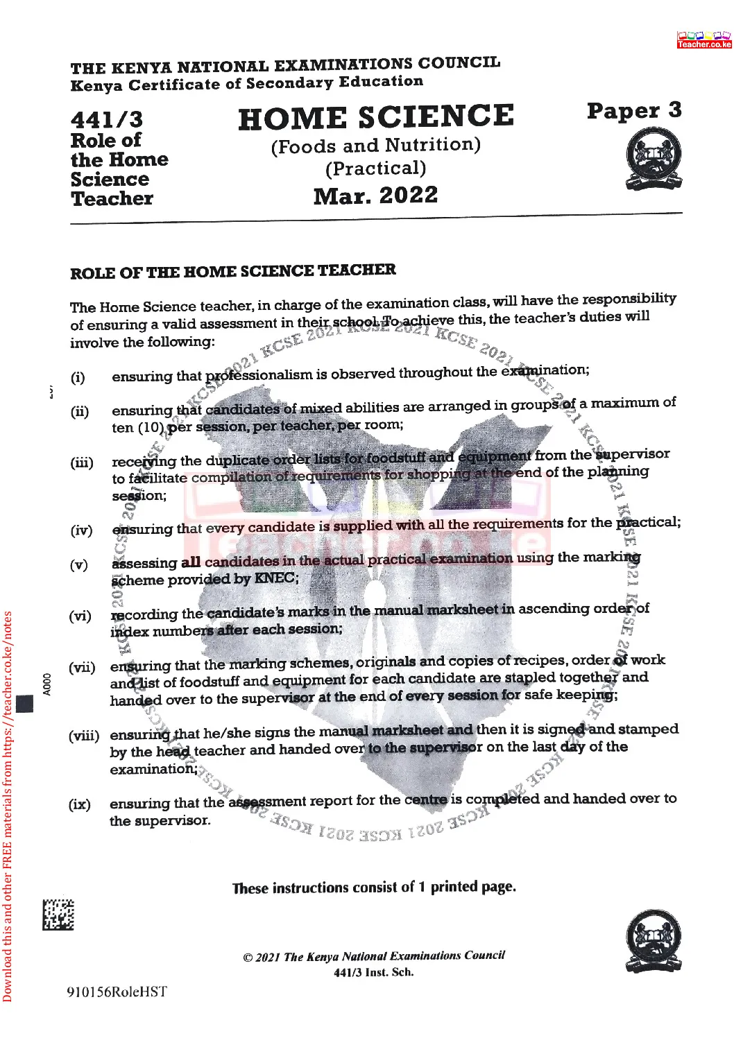 Thum KCSE 2021 Home Science Paper 3 Teacher Roles