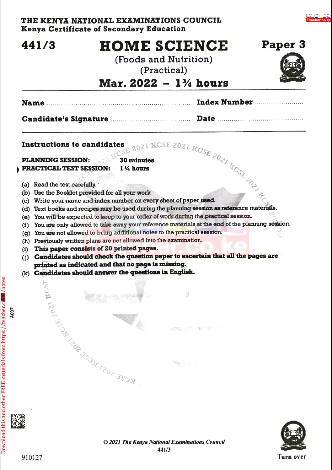 Thum KCSE 2021 Home Science Paper 3