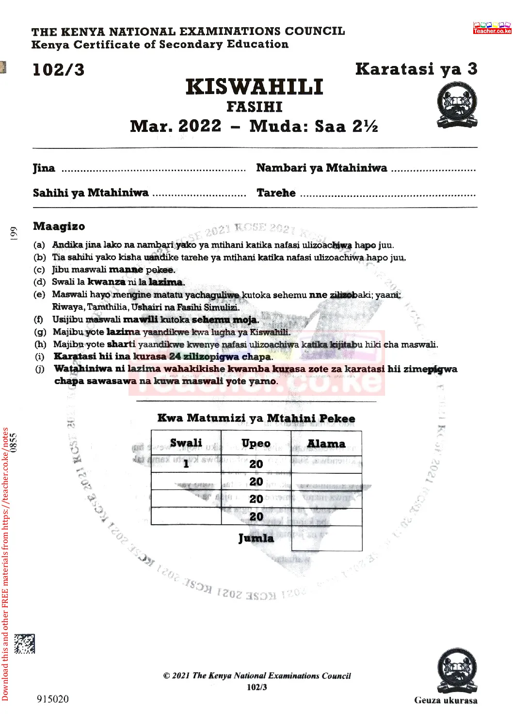 Thum KCSE 2021 Kiswahili Karatasi Ya 3