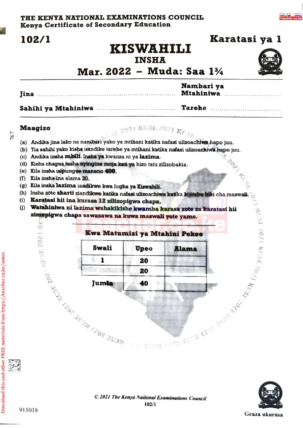 Thum KCSE 2021 Kiswahili Paper 1