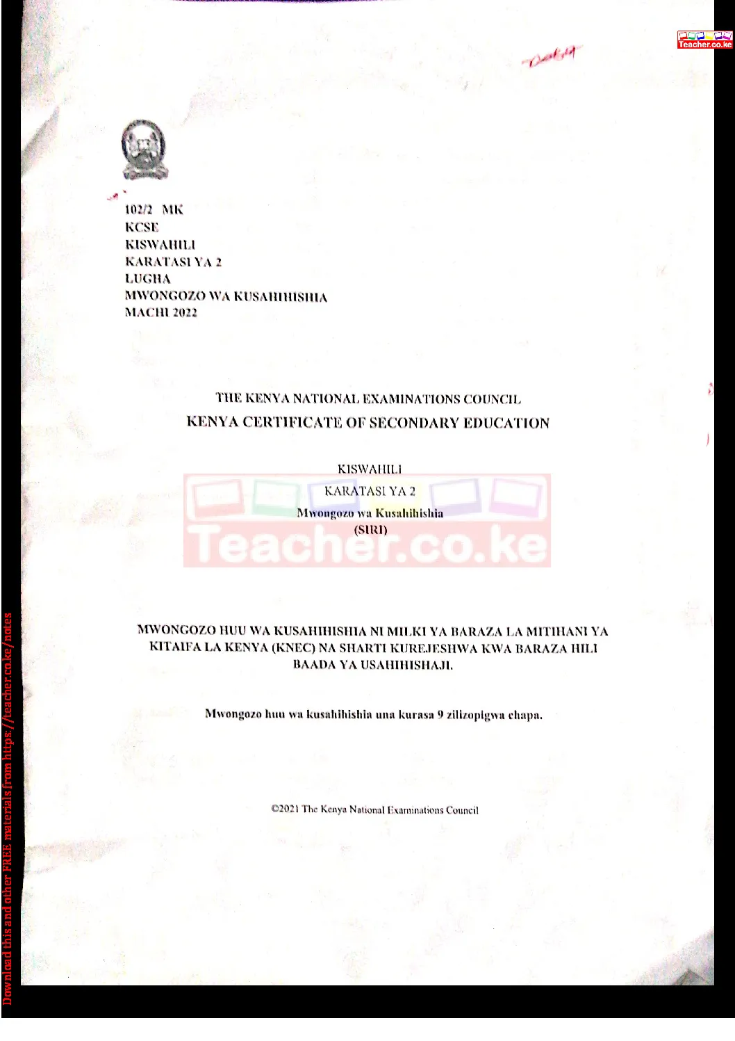 Thum KCSE 2021 Kiswahili Paper 2 Mwongozo Wa Kusahihisha Teacher Ke