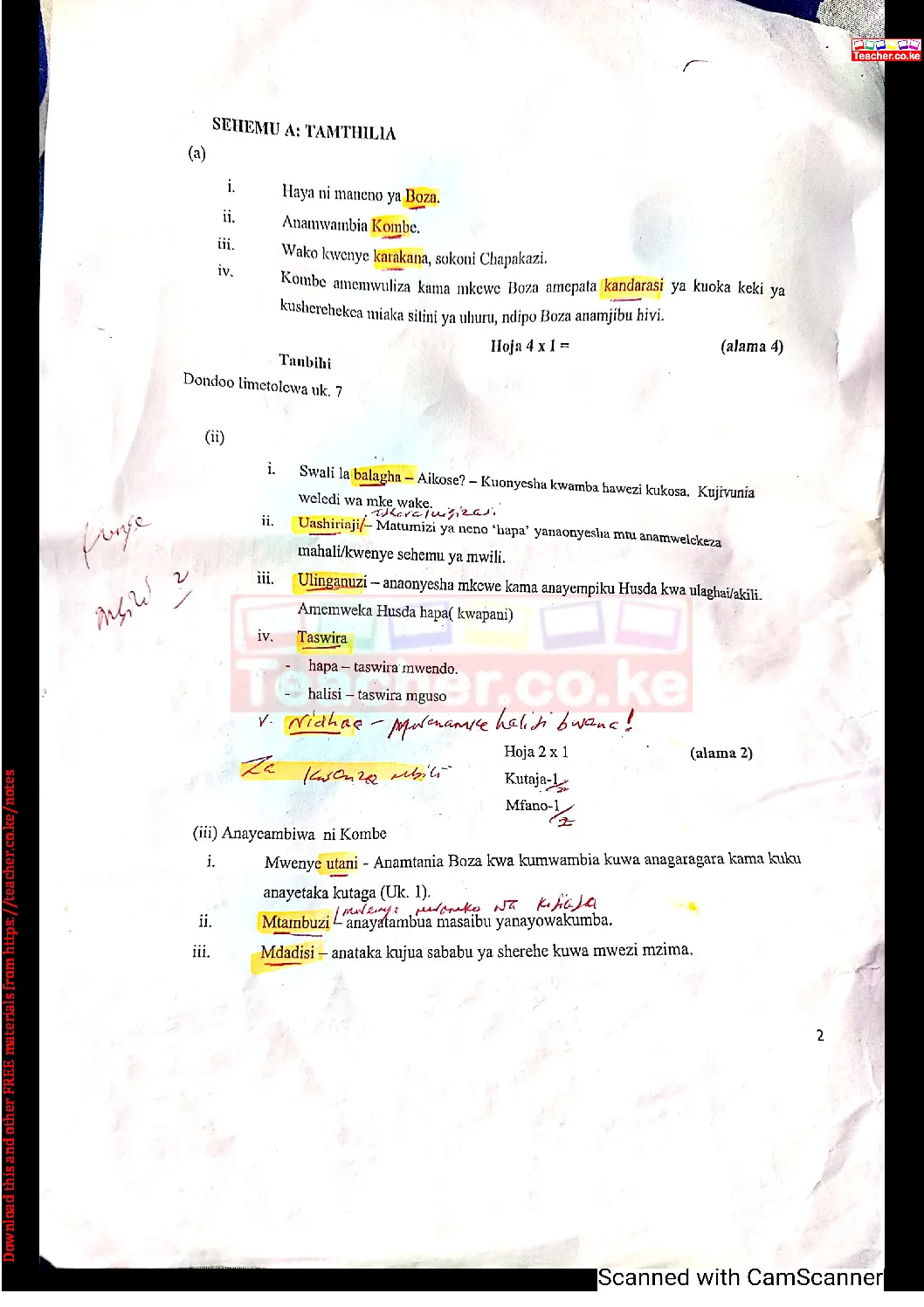 Thum KCSE 2021 Kiswahili Paper Mwongozo Wa Kusahihisha Teacher Ke