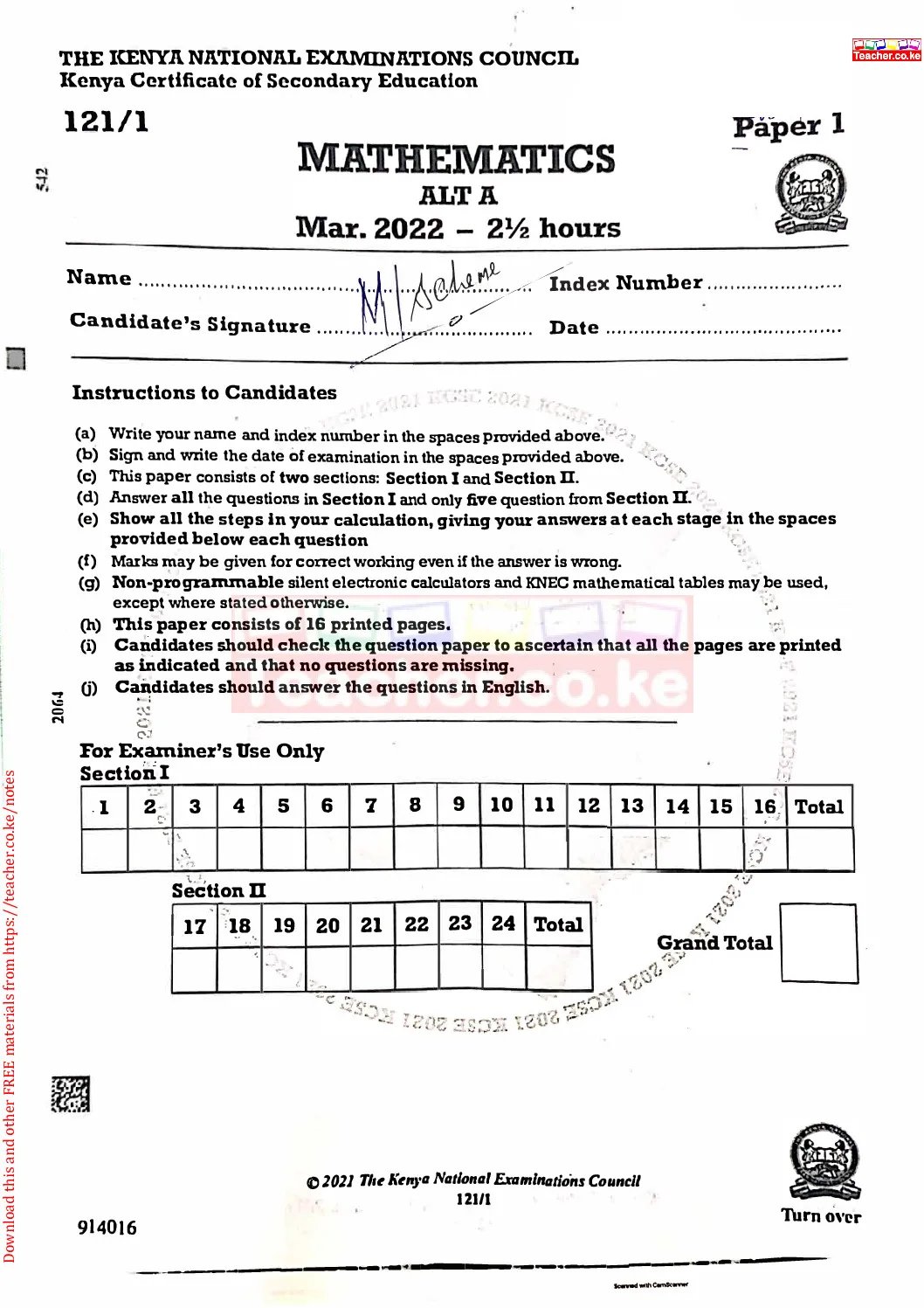Thum KCSE 2021 Mathematics Paper 1 Marking Scheme Teacher Ke