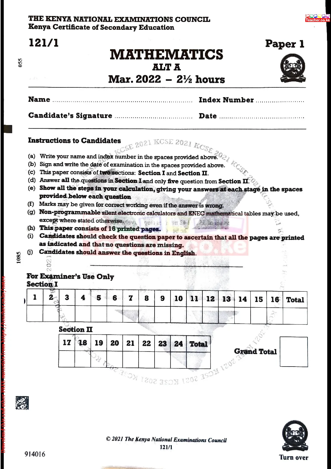 Thum KCSE 2021 Mathematics Paper 1