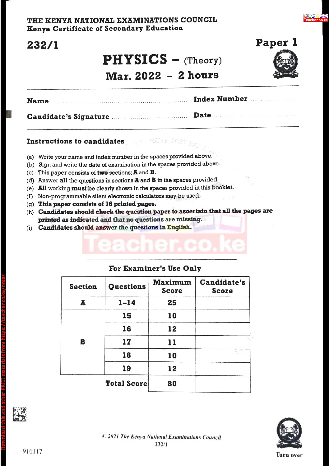Thum KCSE 2021 Physics Paper 1