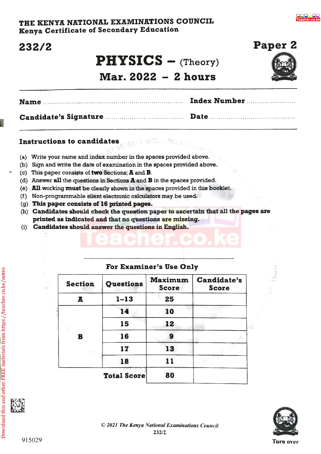 Thum KCSE 2021 Physics Paper 2