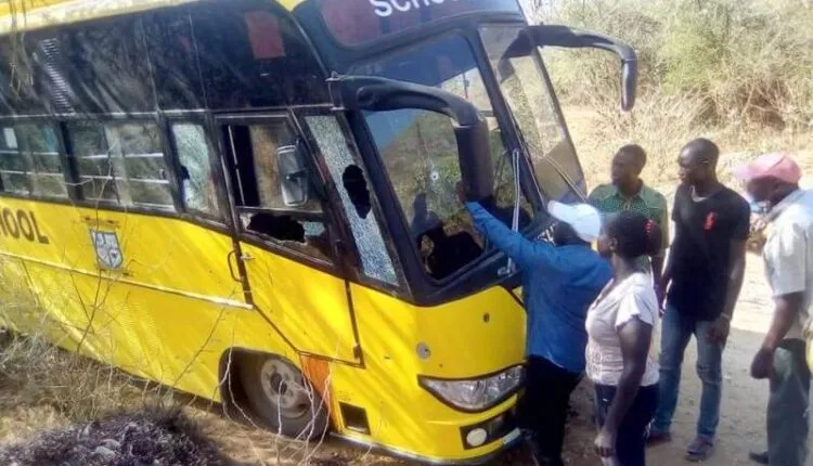 One of the Kerio Valley secondary school's school bus after being pelted with bullets