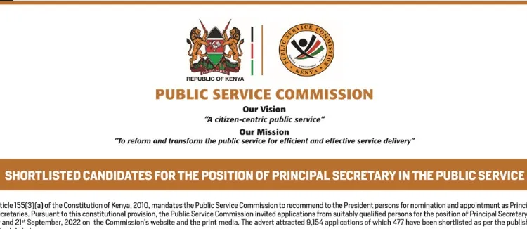 PSC Reveals List of Shortlisted Candidates for Principal Secretary (PS) Per County