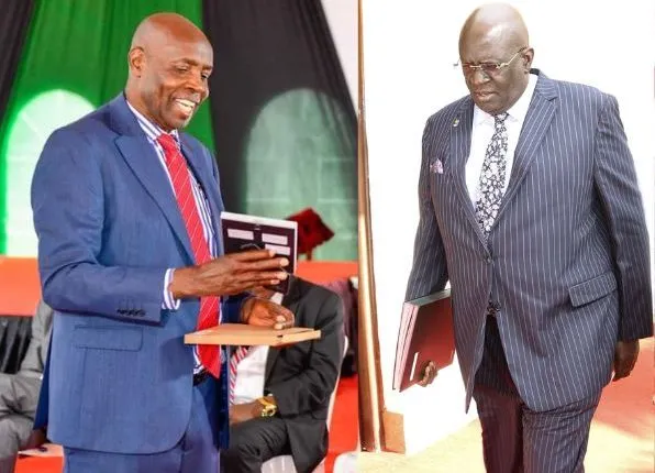 Current CS for Education Ezekiel Machogu and former CS for Education Prof George Magoha in one picture