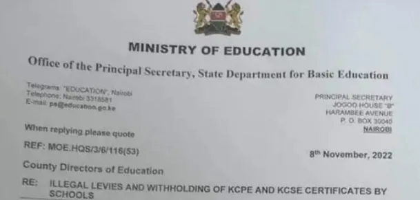 Ministry of Education Issues Circular on Illegal Levies and Withholding of KCPE and KCSE Certificates